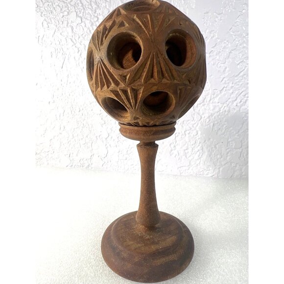 Vtg Hand-Carved Natural Wooden Puzzle Ball on Pedestal Folk Art Decor Ball in Ba - Picture 1 of 8